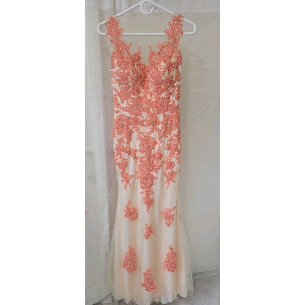 Aspeed Womens Sz S Peach Coral Mermaid Gown Tulle Beaded V Neck Long Formal